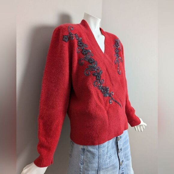 Vintage lambswool angora 80s sweater faux wrap beaded size L. - Picture 7 of 7